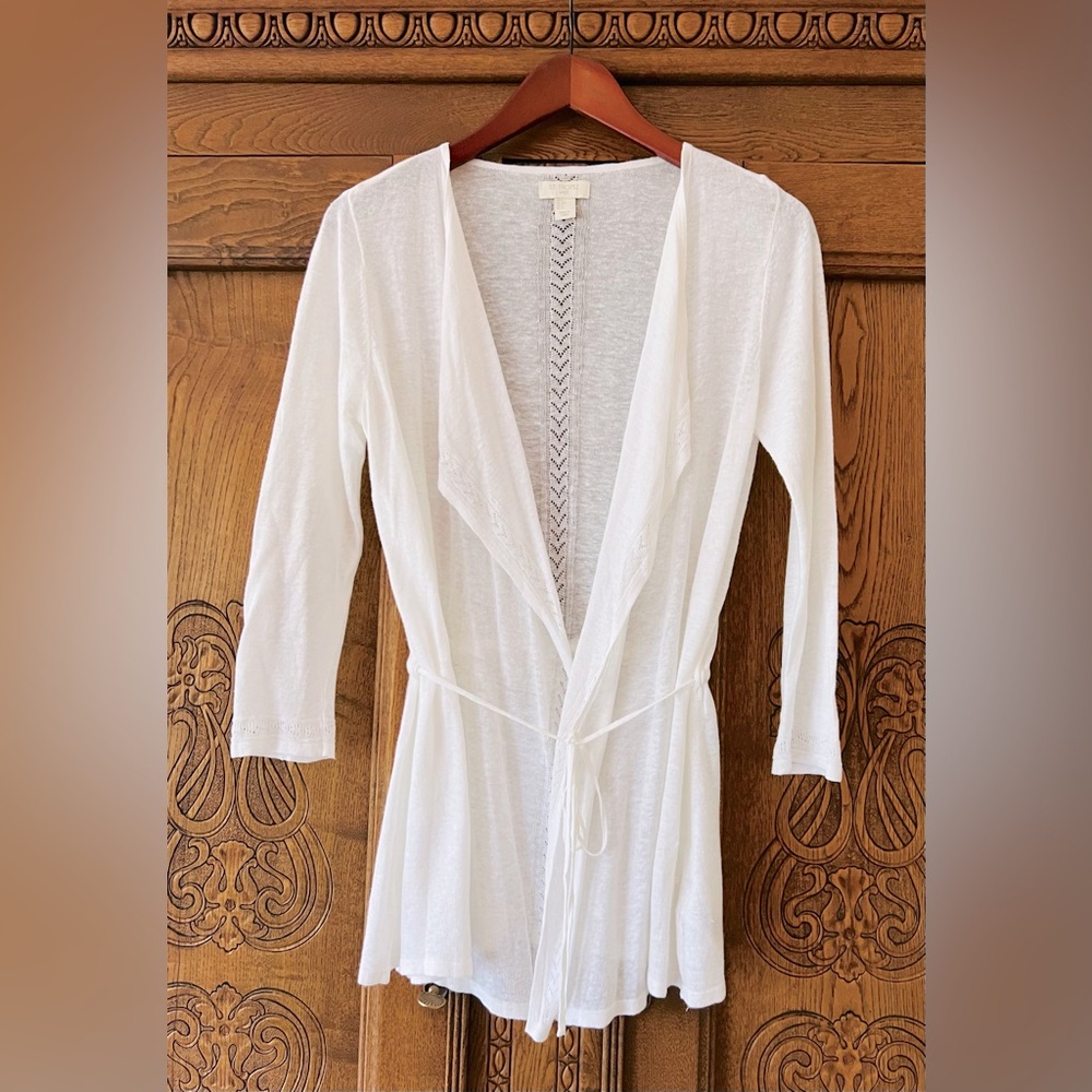 St. Tropez West Sheer Knit Open Front Cardigan/Swim Cover Up 3/4 Sleeves and Tie